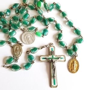 Vintage Saint Jude rosary bubble bead catholic lucite green silver gold tone